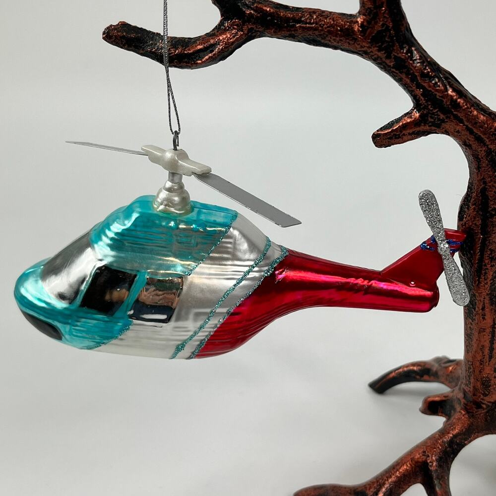 Blown Glass Helicopter Ornament Silver Red Blue with Moving Propellers 7"